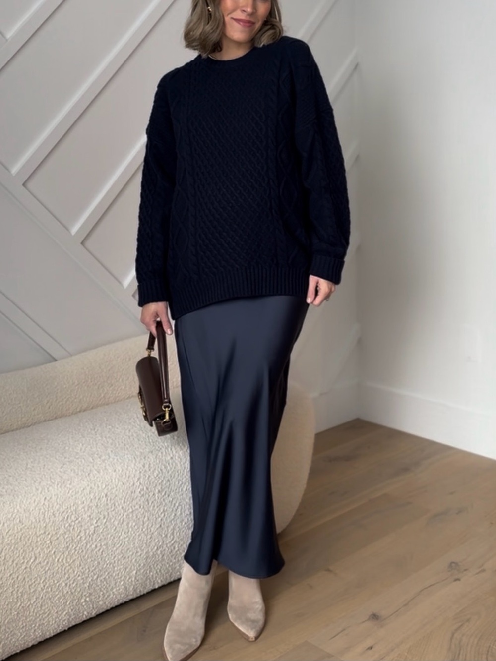 Zara Navy Satin Midi Slip Skirt